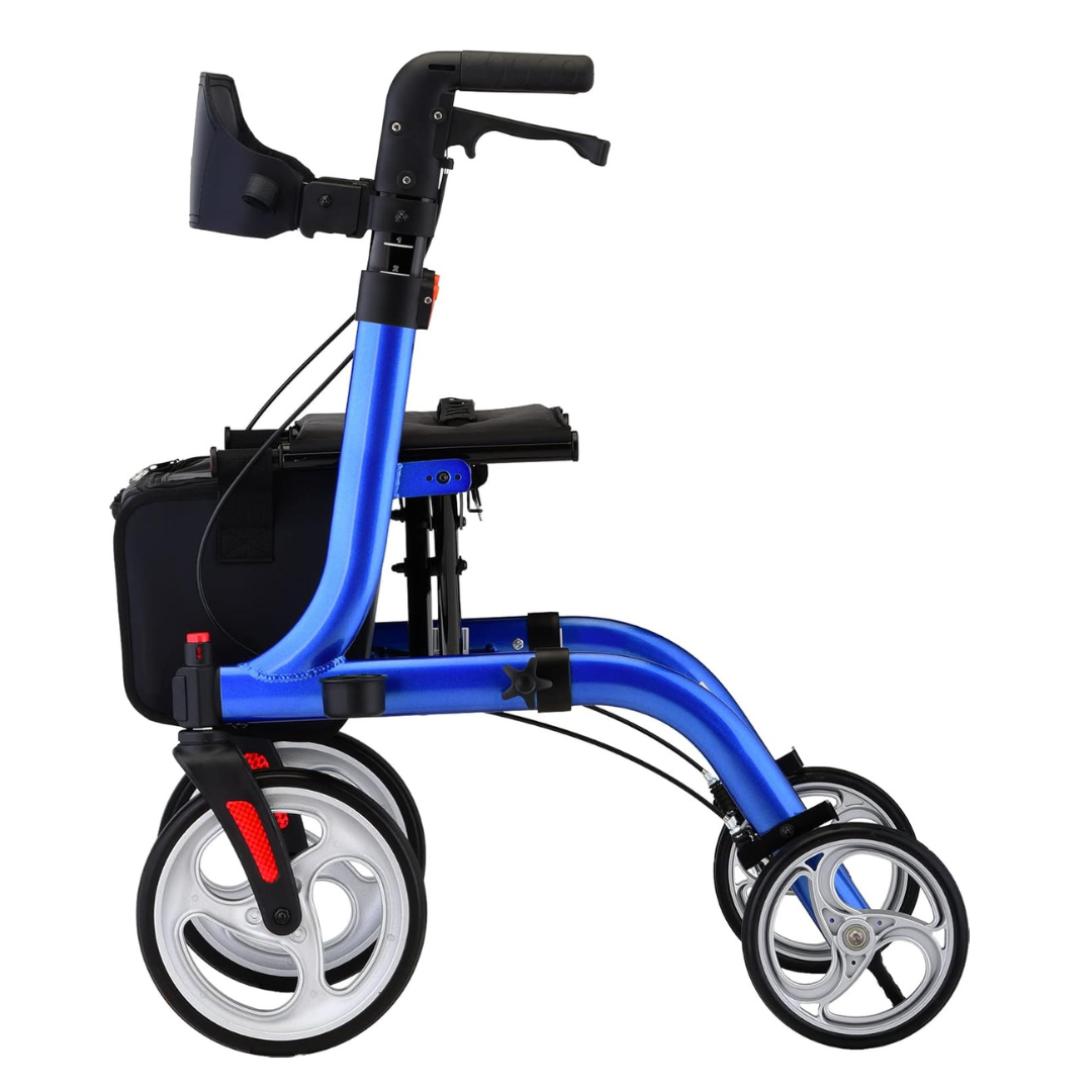 The Nova Medical Express All-Terrain Euro-Style Rollator is a foldable, blue, lightweight walker with large silver wheels, a black seat, hand brakes, and an underseat storage pouch, shown from the side on a white background.