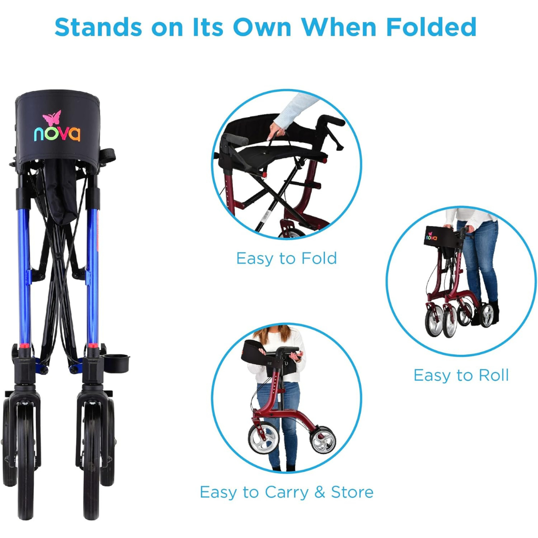 The Nova Medical Express All-Terrain Euro-Style Rollator stands upright when folded. Three images show a woman folding, rolling, and carrying it. Text: Stands on Its Own When Folded. Easy to Fold, Roll, Carry & Store.