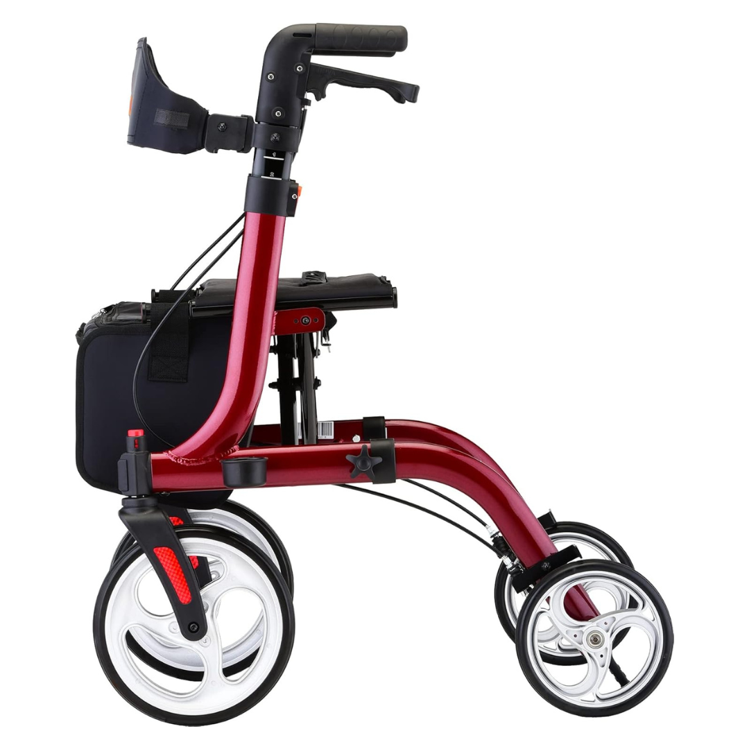 The Nova Medical Express All-Terrain Euro-Style Rollator, in red, features a black seat, storage bag, and four large wheels. The lightweight folding walker is shown from the side against a white background.