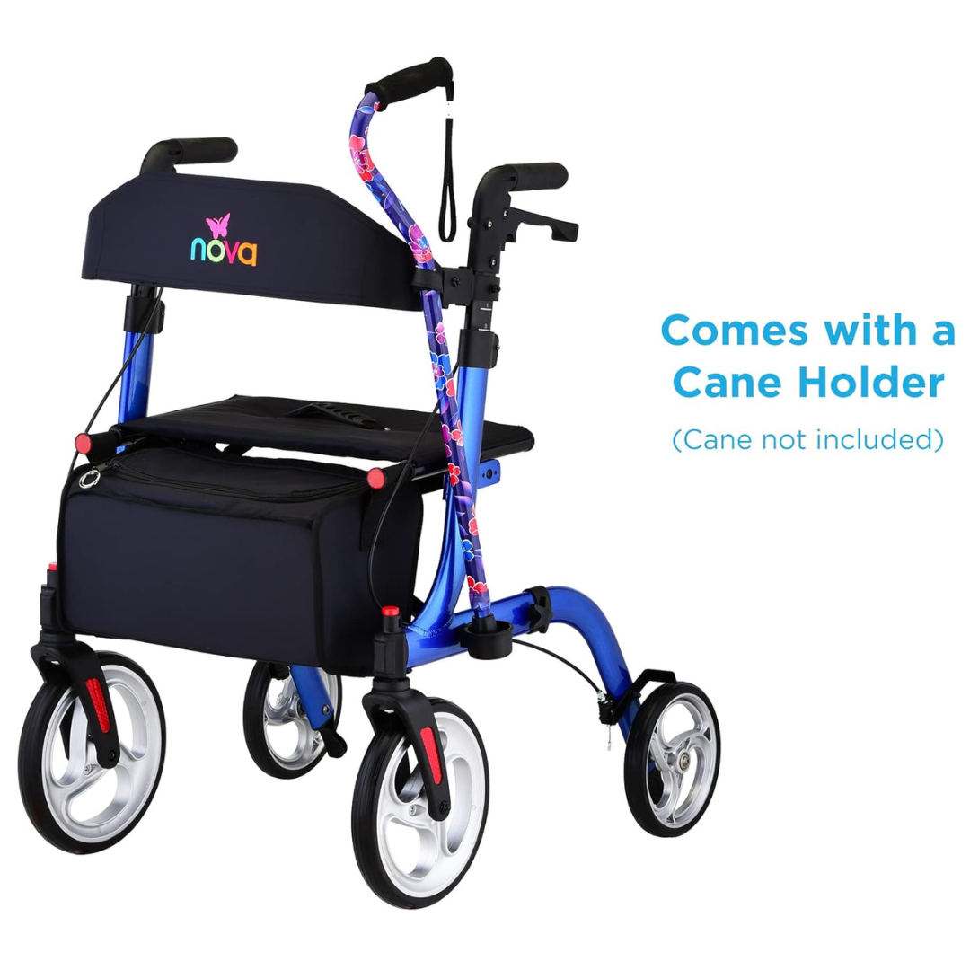 The Nova Medical Express All-Terrain Euro-Style Rollator is a blue and black lightweight walker with large wheels, storage bag, and a cane holder (cane not included). The nova brand is visible on the rollator.