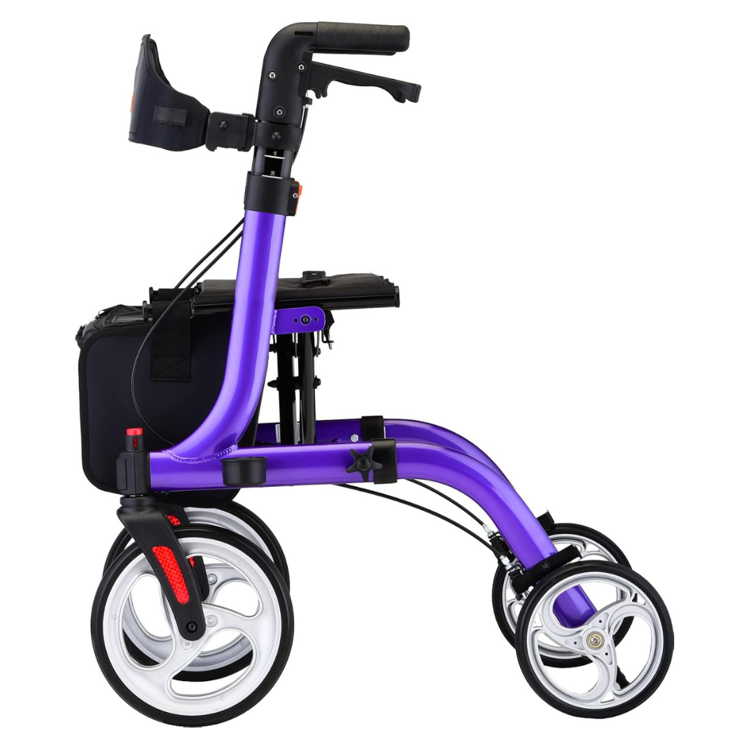 The Nova Medical Express All-Terrain Euro-Style Rollator in purple features four wheels, a black seat, and a black backrest. It is shown from the side against a white background.