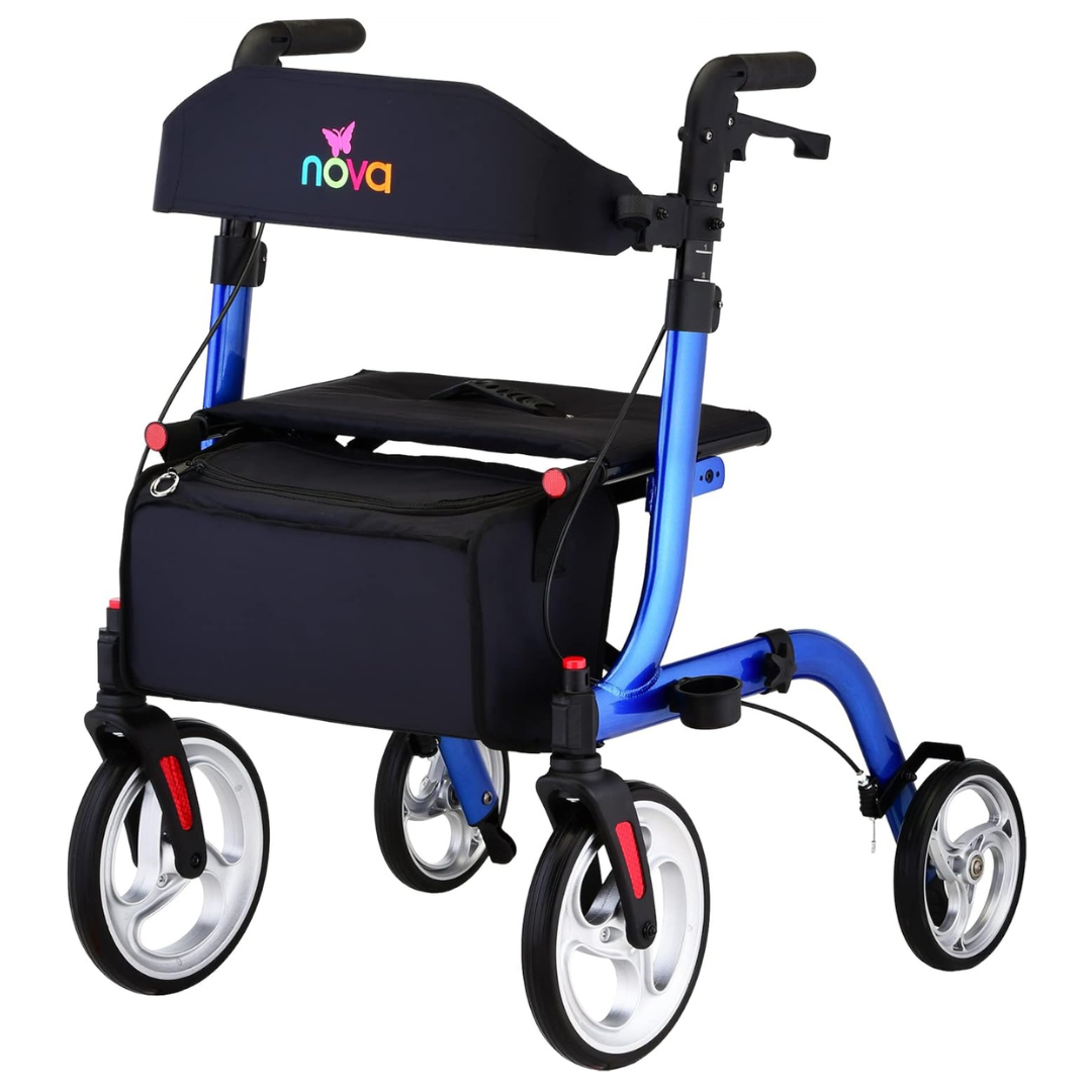 The Nova Medical Express All-Terrain Euro-Style Rollator is a blue, lightweight walker with four large wheels, padded seat, black storage pouch, ergonomic handles, and a folding design featuring the Nova logo on the backrest.
