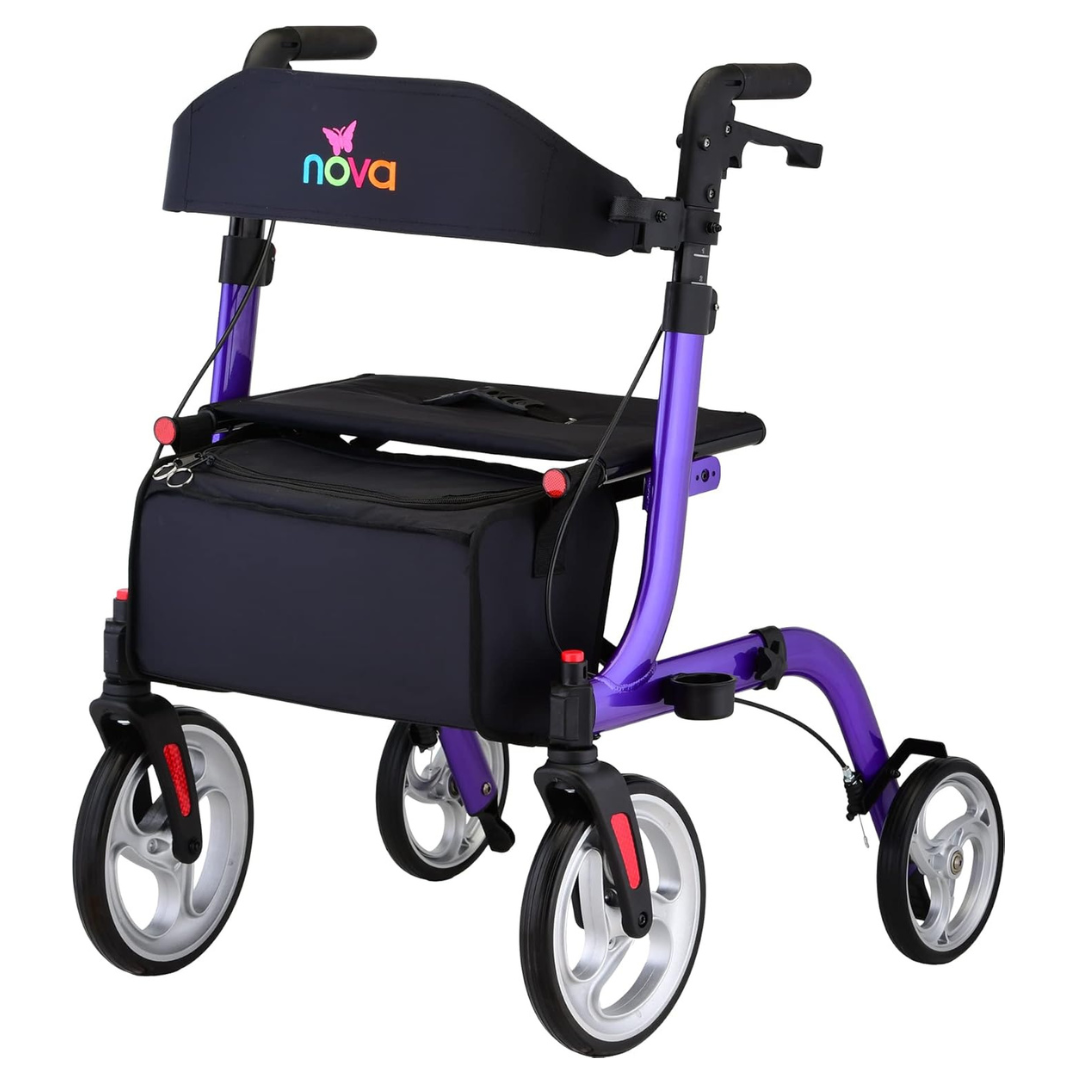 The Nova Medical Express All-Terrain Euro-Style Rollator is a four-wheeled, purple, lightweight mobility aid with large wheels, a black seat, storage pouch, hand brakes, a backrest, and "nova" logo in colorful letters.