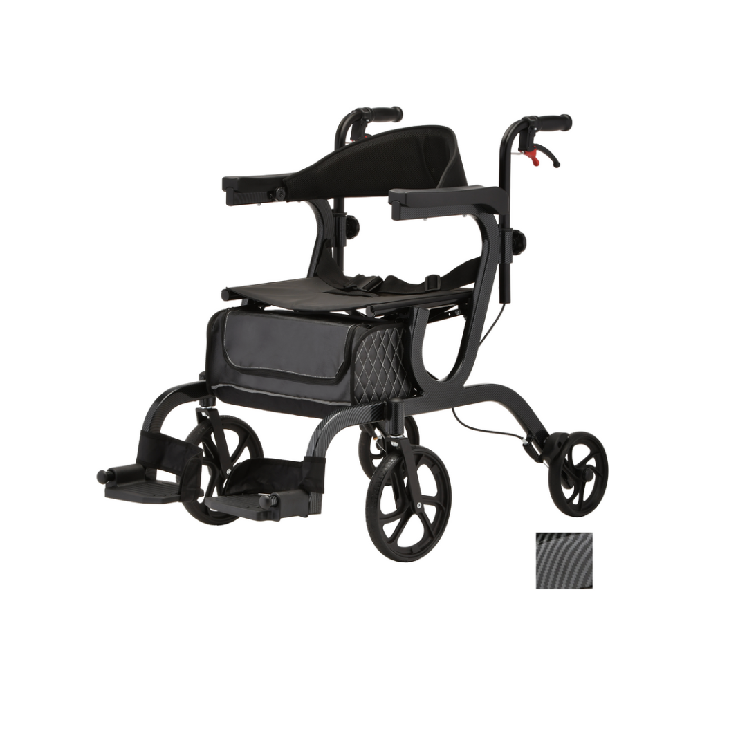 The Nova Medical Gemini 2-in-1 Rollator Transport Chair is a lightweight, black mobility aid with footrests, rear handles, an under-seat storage pouch, four small wheels, and a close-up inset showing its carbon fiber textured frame.