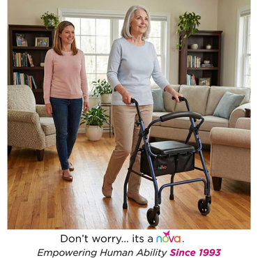 A smiling older woman uses the Nova Cruiser 2 Lightweight Walker with Seat as a younger woman walks behind her in a cozy living room. Text at the bottom reads: Don’t worry… it’s a Nova Cruiser 2 Lightweight Walker with Seat. Empowering Human Ability Since 1993.