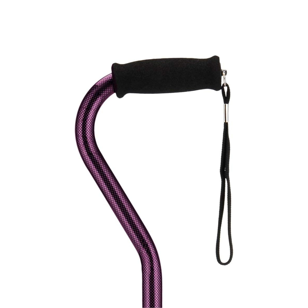 Close-up of the handle of a Nova Designer Offset Walking Cane, featuring a purple design, black foam grip, and attached black wrist strap against a white background.