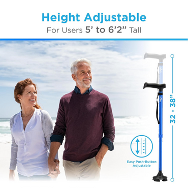 A smiling older couple walks on a beach, the man holding a Nova Medical Folding Cane with Standing Pivot Tip. Text reads Height Adjustable for Users 5 to 62, with a diagram showing cane height range from 32 to 38.