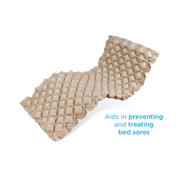 The Nova Medical Deluxe Alternating Pressure System features a beige bubble-design air mattress overlay, slightly bent in the middle, on a white background. Blue and gray text states: Helps prevent pressure sores.