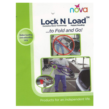 Instructional flyer for the Nova Medical Lock-N-Load For Rollators shows a person folding and loading a purple Nova rollator into a car trunk, close-up of the lock, and highlights easy transport plus style personalization with NOVA accessories.