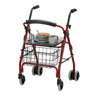 A red rolling walker with a Nova Medical Rollator Tray, wire basket underneath, and the tray holding stacked dishes, a bowl, mug, and salt and pepper shakers—ideal for convenient serving.