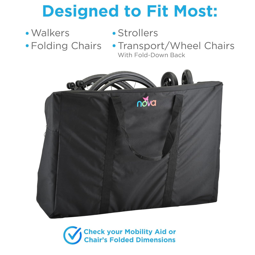 The NOVA XL Storage Travel Bag for Mobility Aids is a black, extra-large bag with handles that holds foldable walkers and wheelchairs. Blue text above reads: Designed to Fit Most: Walkers, Folding Chairs, Strollers, Transport/Wheel Chairs.