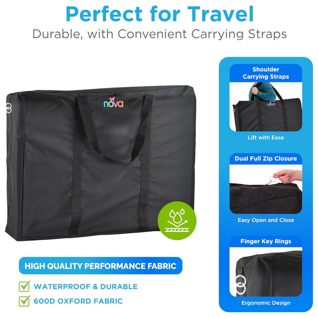 The NOVA XL Storage Travel Bag for Mobility Aids is a large black bag with handles, made from durable waterproof 600D Oxford fabric. It features the nova logo, ergonomic design, dual zippers, shoulder straps, and finger key rings—ideal for wheelchairs.