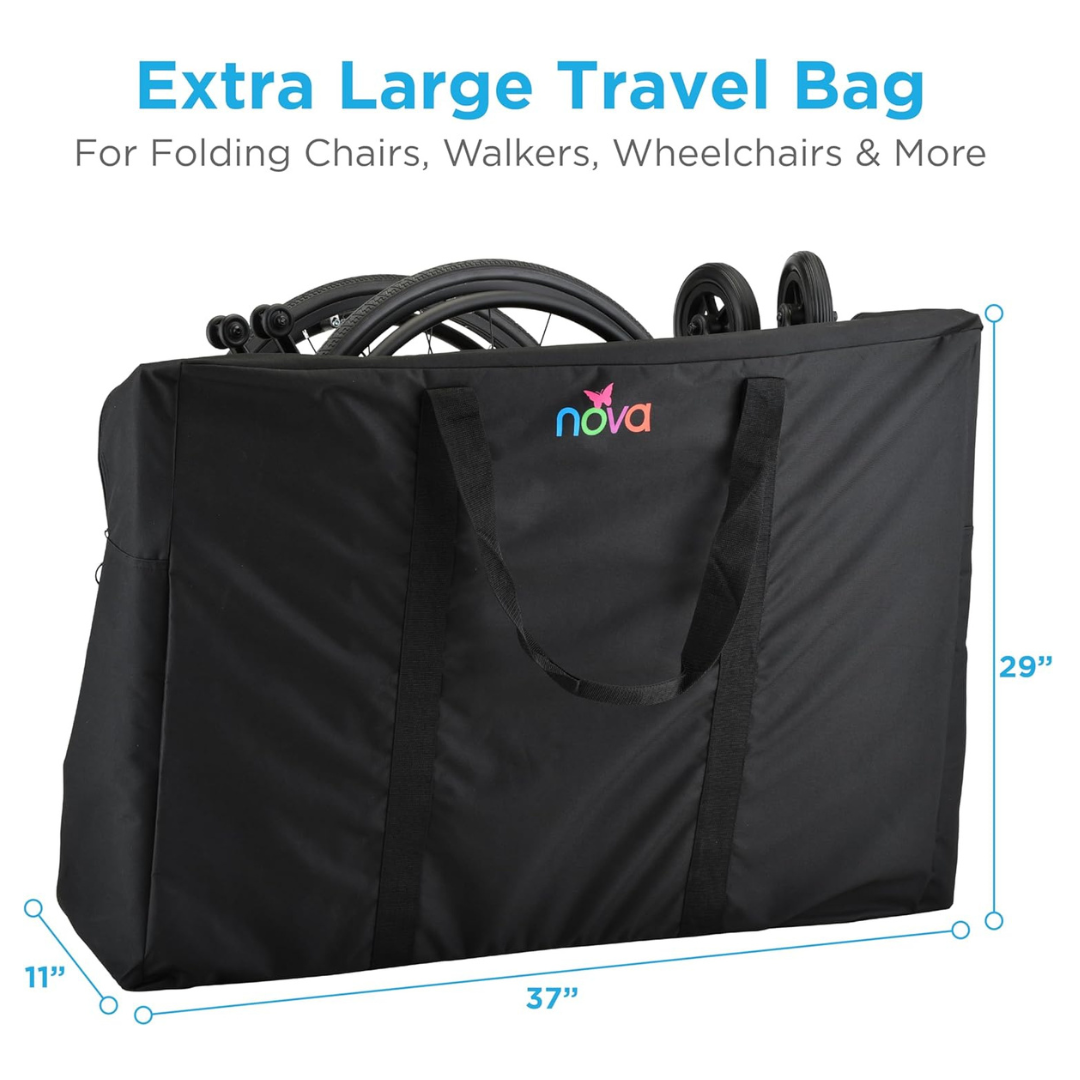 The NOVA XL Storage Travel Bag for Mobility Aids holds a folded wheelchair. Text above reads Extra Large Travel Bag for Folding Chairs, Walkers, Wheelchairs & More. Dimensions: 37x29x11 inches.