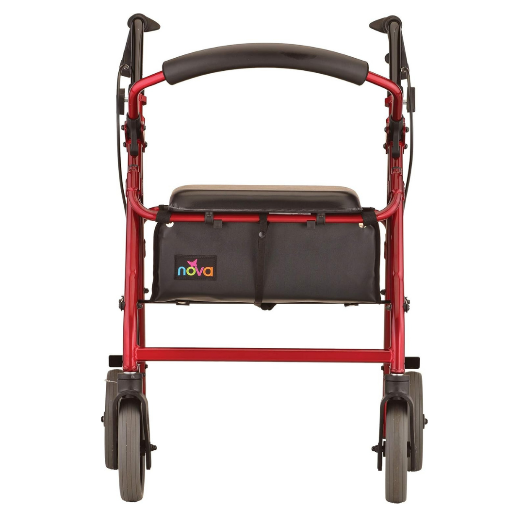 Front view of the Nova Medical Zoom Rollator Rolling Walker in red, featuring a padded seat, black handles, storage pouch with NOVA logo, and four size options for customizable seat height.