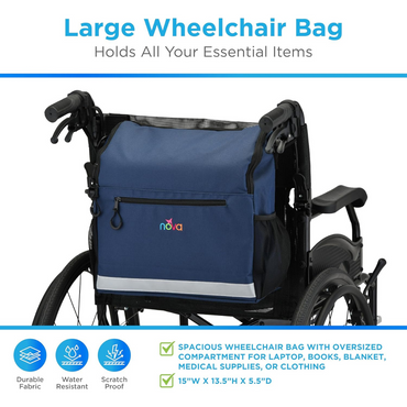 The NOVA Wheelchair Bag with Cup Holder is a spacious, blue, waterproof accessory for wheelchairs. It attaches to the back, features a zippered pocket and nova on the front, offering durable storage for daily essentials.