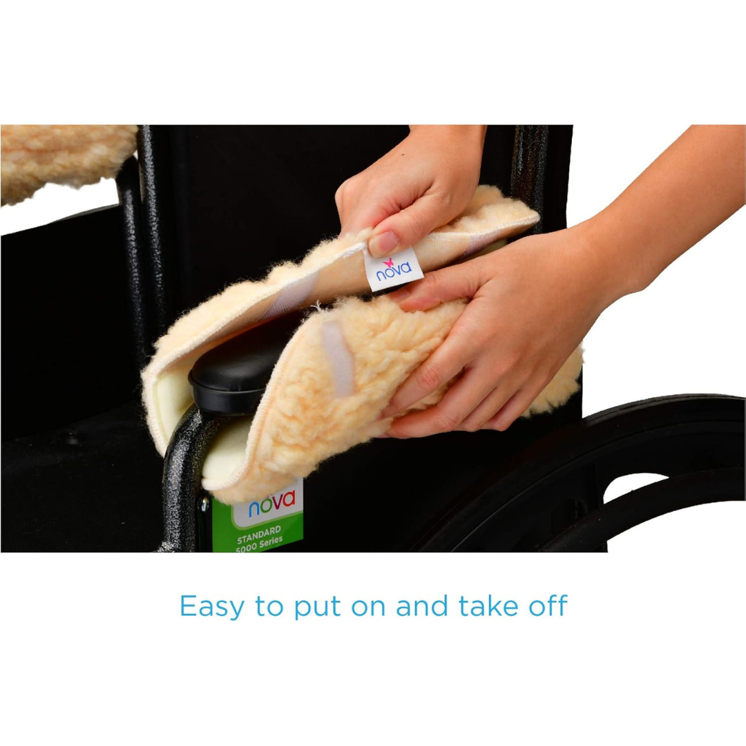 A pair of hands puts a Nova Sheepskin Fleece Armrest Cover for Wheelchairs on an armrest. The caption says, Easy to put on and take off.