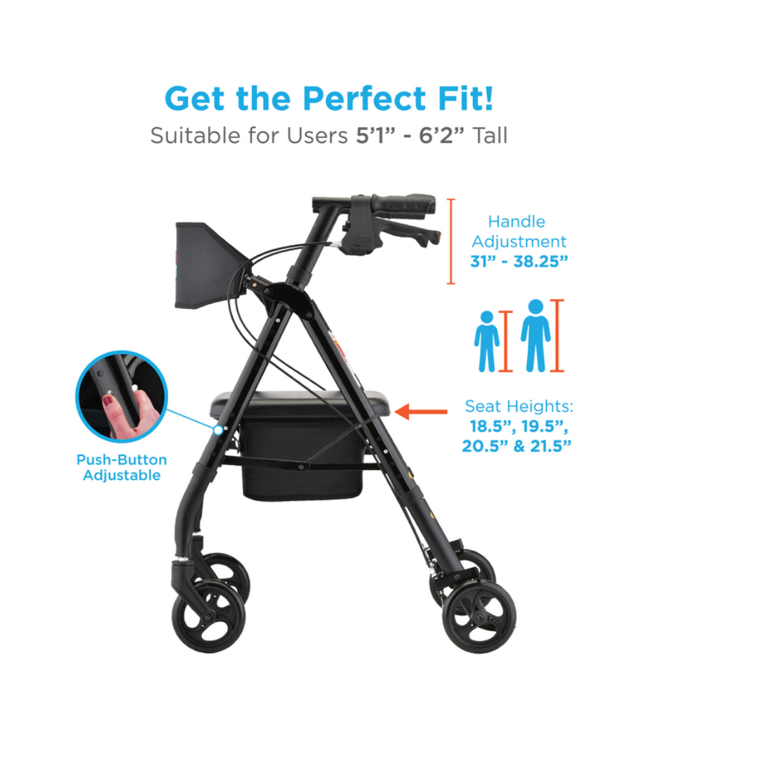 Image of a black Nova Medical Star 6 OS Rollator Walker with wheels and storage pouch. Get the Perfect Fit! thanks to its Quick-Fit design for users 51 to 62. Handle adjusts from 31-38.25; seat heights are 18.5, 19.5, 20.5, and 21.