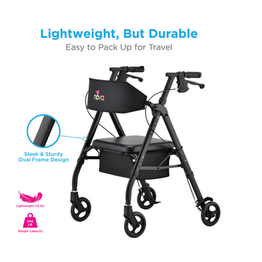 The Nova Medical Star 6 OS Rollator Walker is a black, oval-framed walker with a seat and storage pouch. It features an easy-fold design, adjustable settings, 300 lb capacity, lightweight build, and portable travel convenience. Inset shows frame close-up.