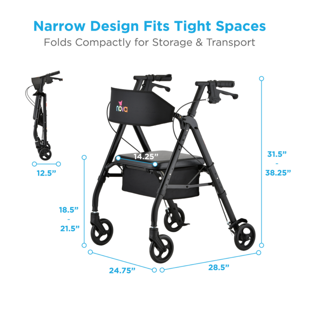 The image shows a Nova Medical Star 6 OS Rollator Walker in black, highlighting its compact design for tight spaces and foldability for easy storage. It features four wheels, a seat, a storage compartment, and patented locking hand brakes. Adjustable for user heights from 51 to 62.