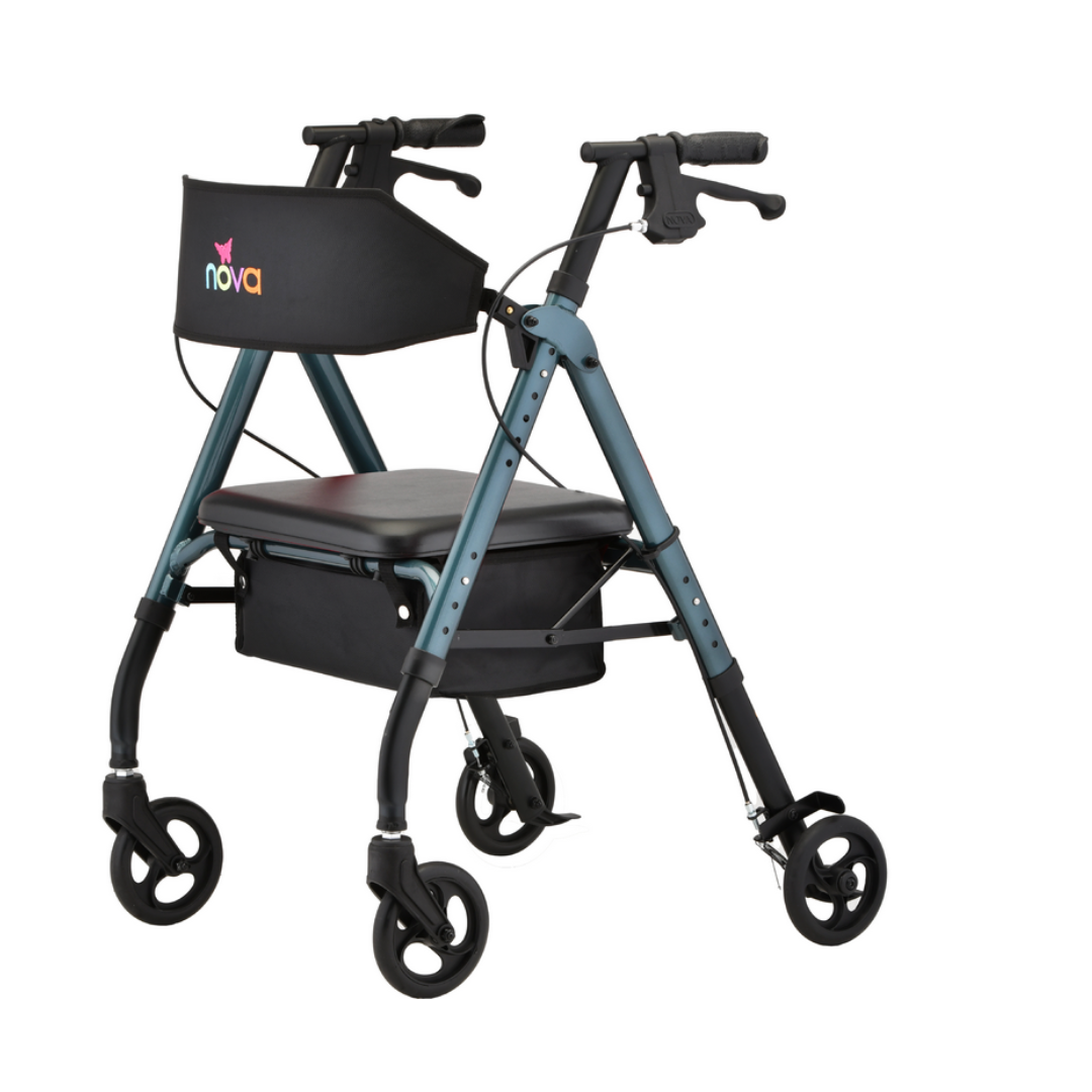The black and blue Nova Medical Star 6 OS Rollator Walker features a Quick-Fit adjustable design, foldable for user heights 51 to 62, with four wheels, a comfy seat, handy pouch, patented locking hand brakes, and the Nova logo on the backrest against a plain white background.
