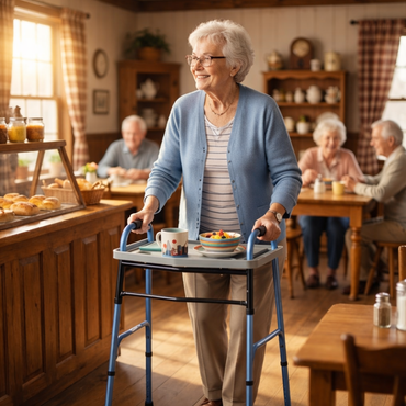 An elderly woman uses the Nova Walker Food Tray with 2 Cup Holders to carry breakfast, smiling in a cozy dining room as other seniors enjoy their meals at wooden tables in a warmly lit, inviting setting.