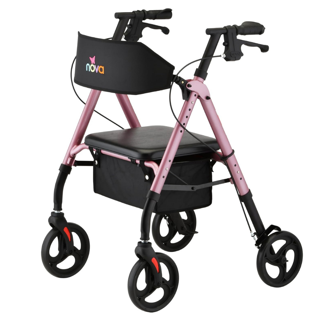 The Nova Medical Star 8 Lightweight Rollator with XL Backrest is a pink walker with four wheels, black seat, storage pouch, braking handlebars, and a Quick-Fit adjustable system for customized mobility.