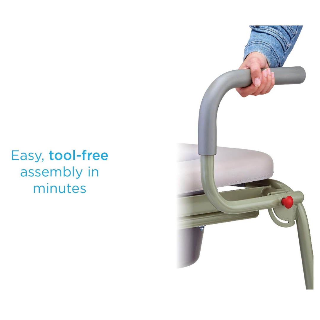 A close-up shows a hand gripping the armrest of the Nova Medical Drop Arm Commode with Padded Seat and Back. Text reads, Easy, tool-free assembly in minutes, highlighting simple setup. This commode features a padded seat and support bar for enhanced comfort and stability.