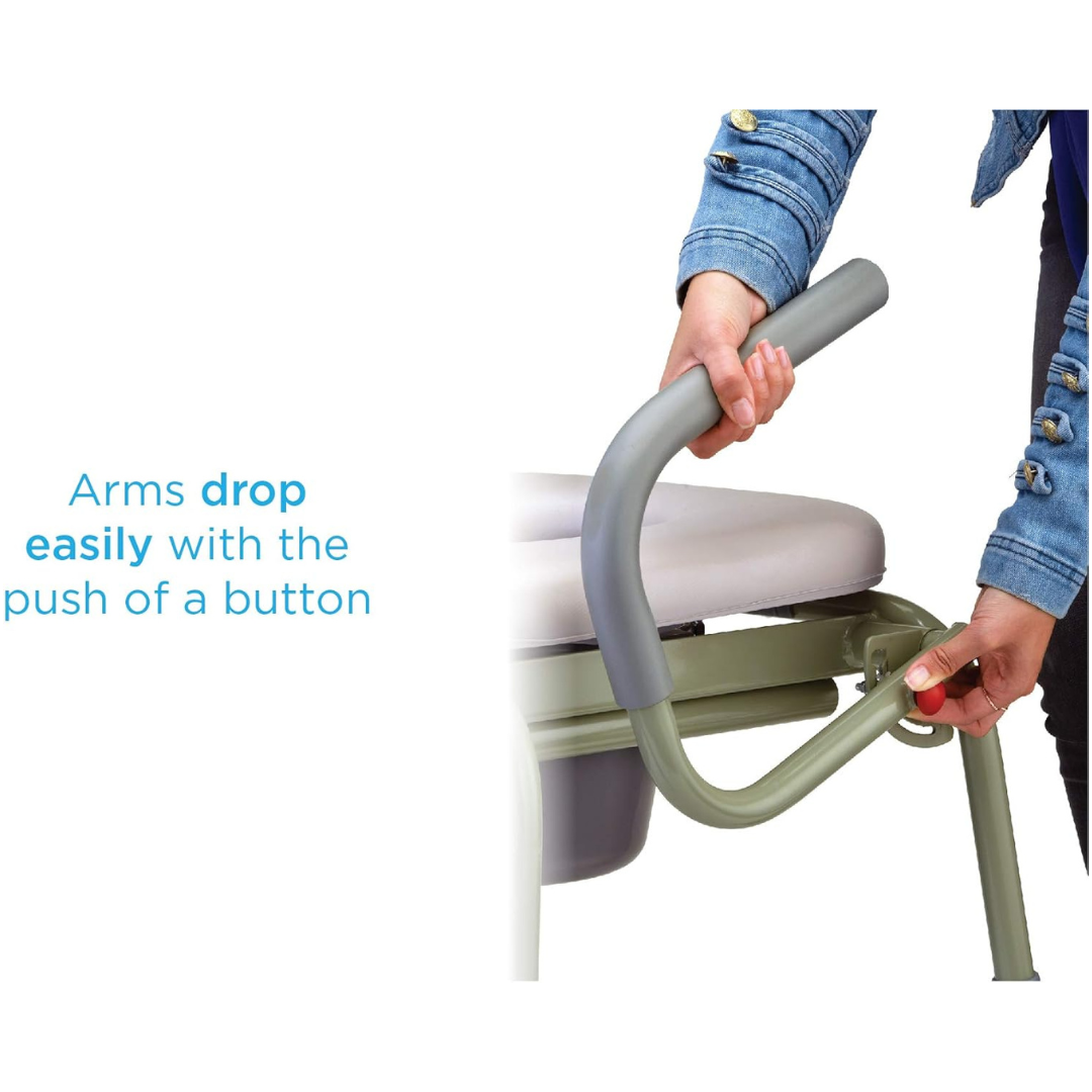 A person in a denim jacket demonstrates lowering the armrest of the Nova Medical Drop Arm Commode with Padded Seat and Back by pressing a button. Beside the image, the text Arms drop easily with the push of a button emphasizes its convenient tool-free assembly.