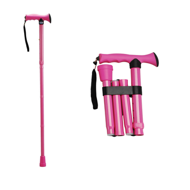 The Nova Folding Cane with Soft Rubber Handle is shown in pink, fully extended on the left and folded compactly on the right, featuring an adjustable aluminum frame and slip-resistant handle with a black strap against a white background.