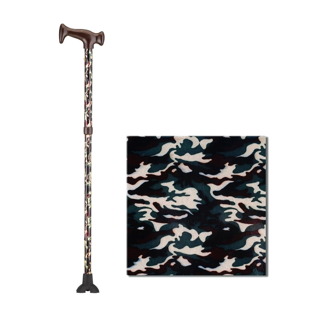 The Nova Folding Walking Cane with Wood Grip Handle & Quad Tip features a brown handle and a shaft in black, green, and beige camouflage, shown alongside a close-up of the same camo pattern.