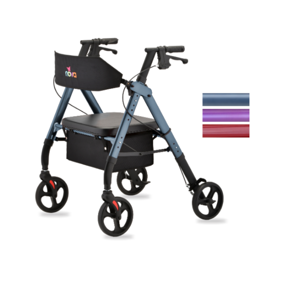 The Nova Medical Star HD Bariatric Rollator with XL Backrest features all-terrain wheels, a black seat, storage pouch, and hand brakes. Choose your ideal mobility experience from three colors: blue, purple, or red.
