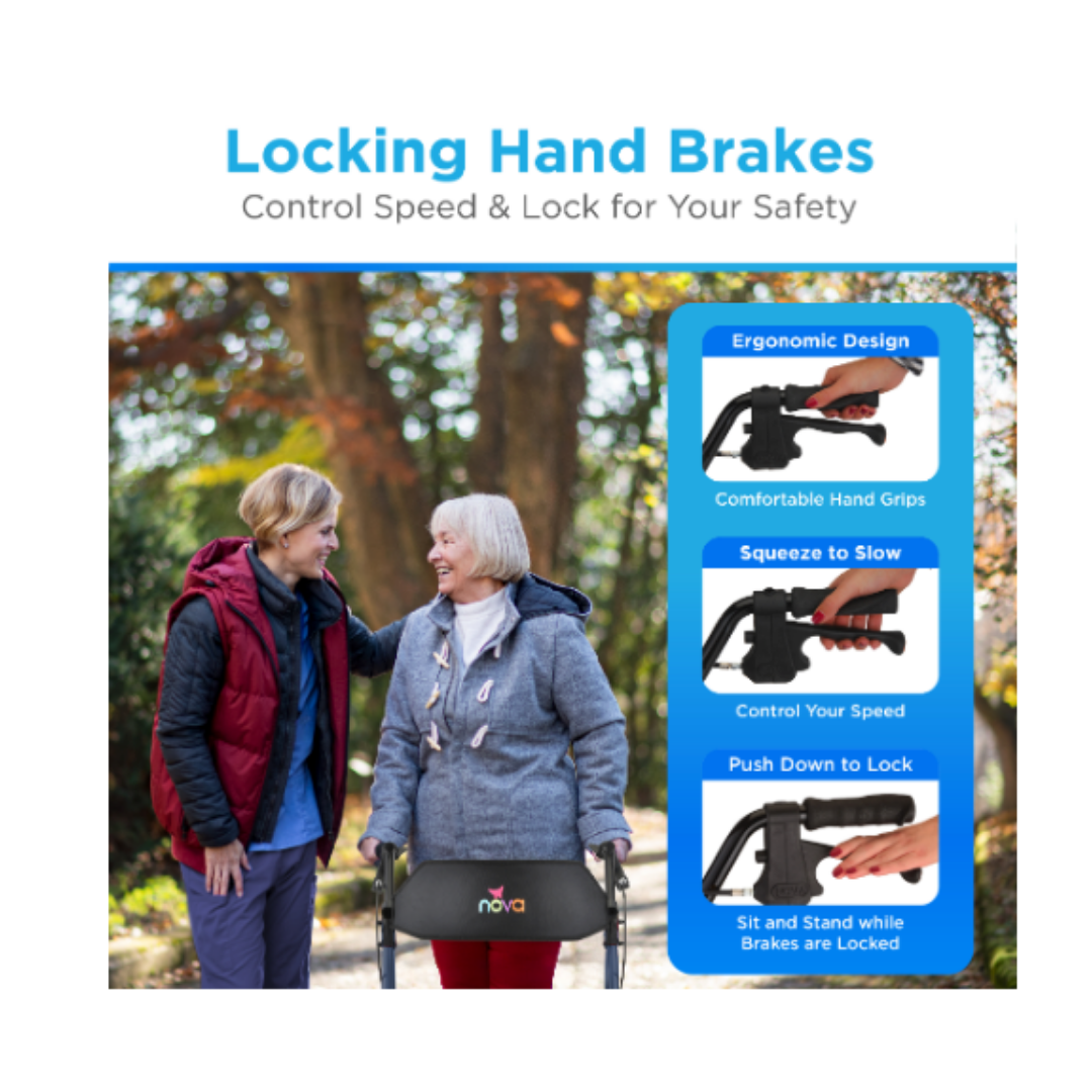 Two women walk outdoors; one uses the Nova Medical Star HD Bariatric Rollator with XL Backrest. Inset images highlight all-terrain wheels, ergonomic grips, and instructions to squeeze to slow or push down to lock for safety.