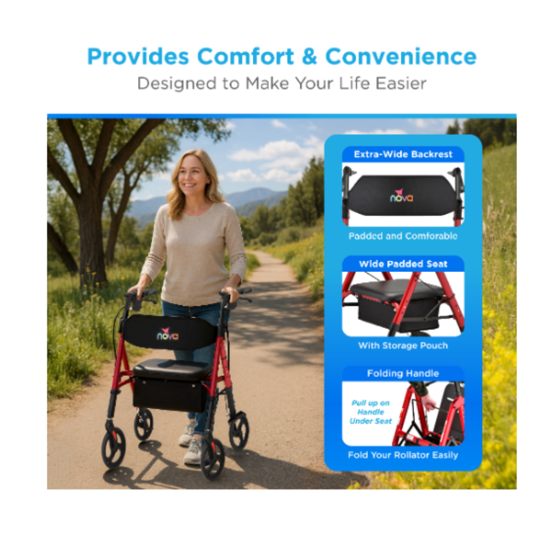 A smiling woman uses the Nova Medical Star HD Bariatric Rollator with XL Backrest, featuring all-terrain wheels on a scenic path. Insets highlight its durable seat with storage pouch, extra-wide backrest, and folding handle for easy transport.