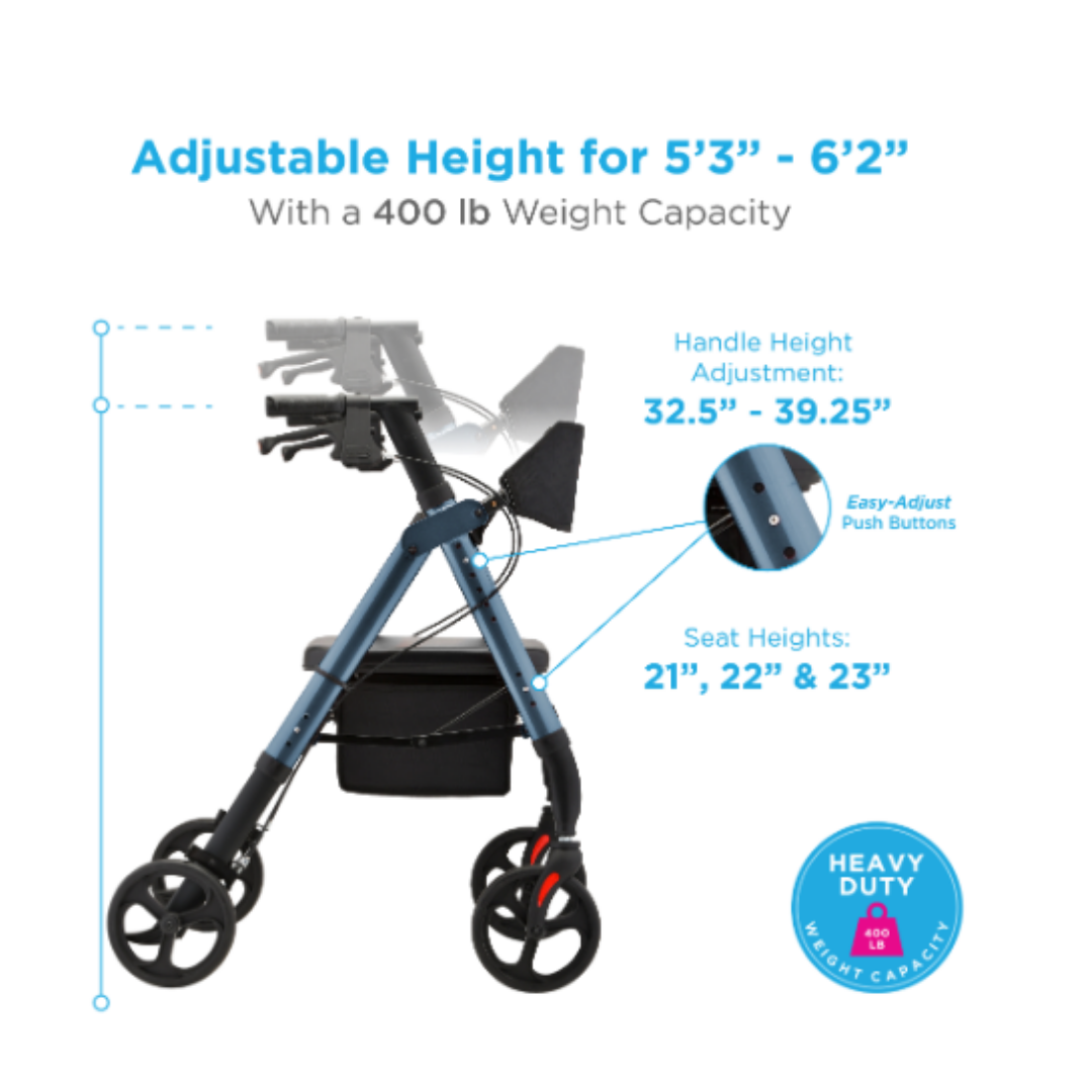 The Nova Medical Star HD Bariatric Rollator with XL Backrest is a blue and black walker featuring an adjustable handle height (32.5-39.25), seat heights (21, 22, 23), easy push-button adjustments, durable seat, all-terrain wheels, and a 400 lb capacity.