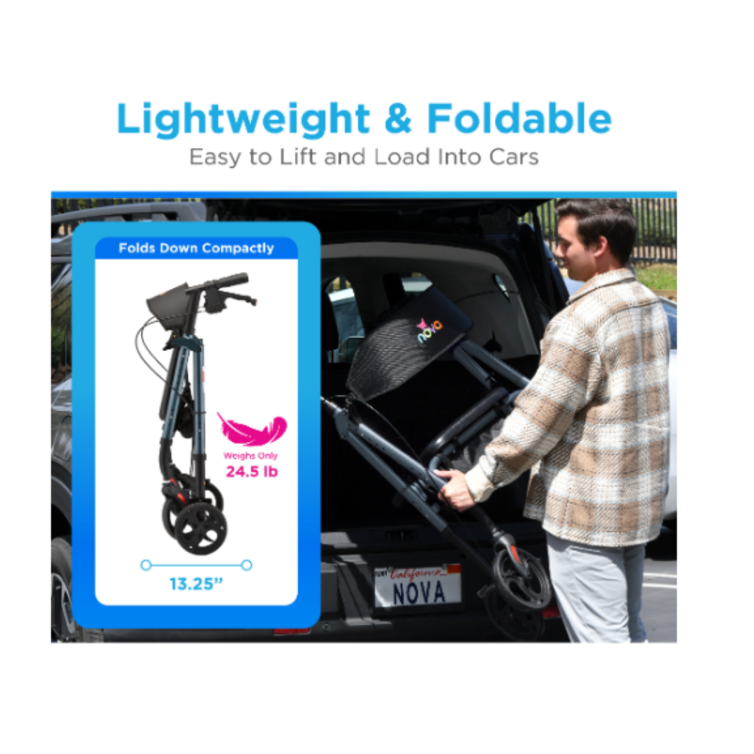 A person loads a folded Nova Medical Star HD Bariatric Rollator with XL Backrest into a car trunk. Text reads “Lightweight & Foldable – Easy to Lift and Load Into Cars.” Inset shows width (13.25”) and weight (24.5 lb) when folded.