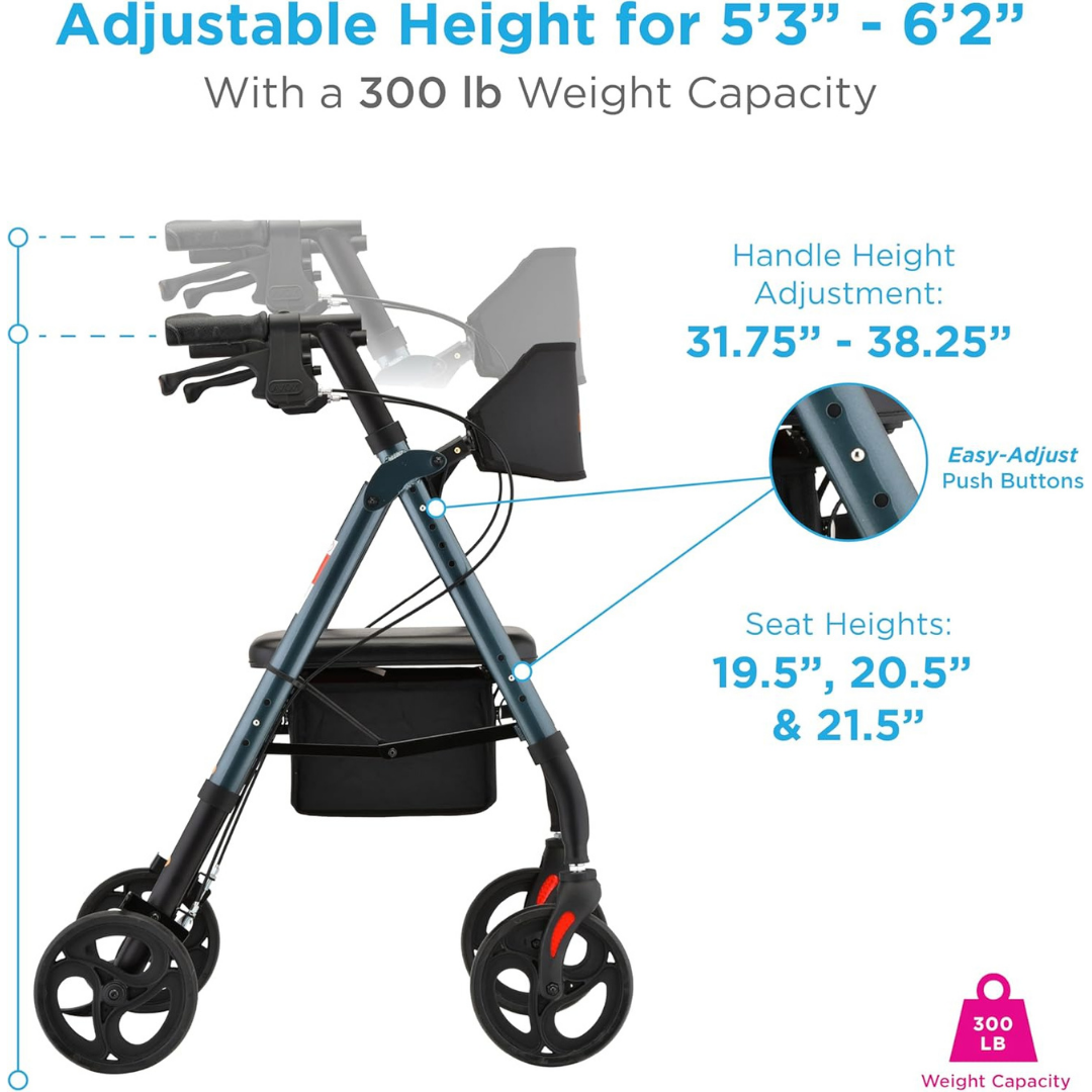 Side view of the dark blue Nova Medical Star 8 Lightweight Rollator with XL Backrest, featuring 8” All-Terrain Wheels, Quick-Fit adjustable handle (31.75-38.25) and seat heights (19.5-21.5); supports users 53-62 up to 300 lb.