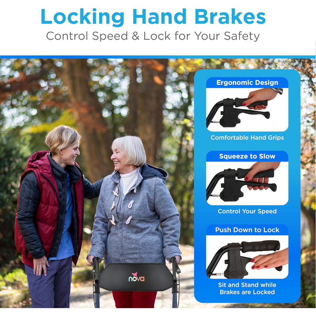 Two women smile outdoors with the Nova Medical Star 8 Lightweight Rollator with XL Backrest. Inset highlights ergonomic hand brakes—squeeze to slow, push down to lock—and 8” all-terrain wheels for smooth, safe mobility.