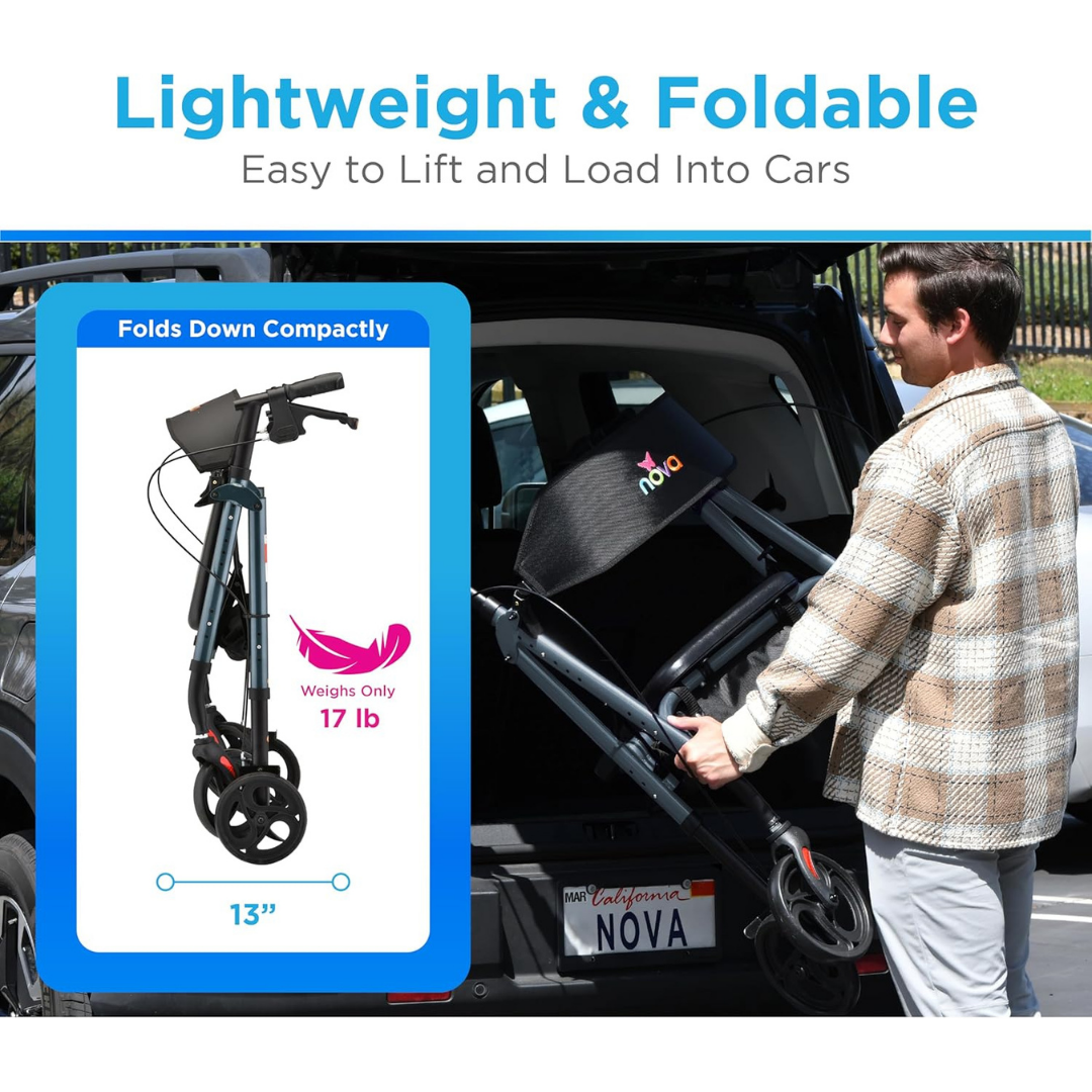 A person lifts the Nova Medical Star 8 Lightweight Rollator with XL Backrest, featuring 8” All-Terrain Wheels, into a car trunk. Text highlights its foldable design, 17 lb weight, and slim 13” width. A diagram shows the rollator folded neatly.