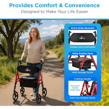 A smiling woman walks outside with the Nova Medical Star 8 Lightweight Rollator with XL Backrest. Infographics highlight its extra-wide backrest, padded seat with storage pouch, and folding handle for easy transport.