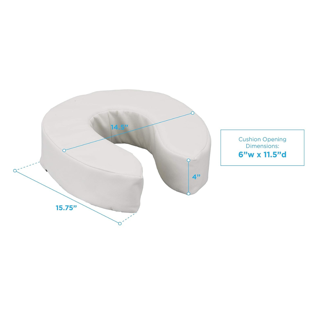 The Nova Medical Toilet Seat Cushion and Riser is a white, U-shaped foam cushion (15.75”W x 14.5”D x 4”H) with a 6”W x 11.5”D opening, designed to elevate toilet seats comfortably.