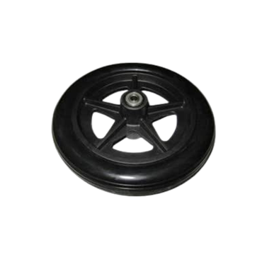 A black plastic wheel with five spokes and a central metal bearing, shown on a white background. Perfect as Nova Wheel Replacements For Transport Chairs or as replacement transport chair wheels.