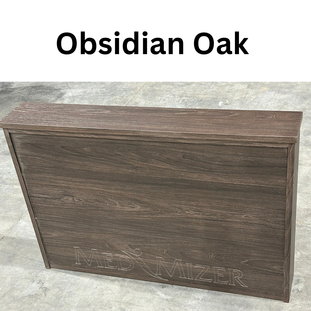 A Med-Mizer ActiveCare Rotating Hospital Bed panel with a dark brown wood grain finish labeled "Obsidian Oak" rests on a concrete floor, ideal for adjustable or home care beds.