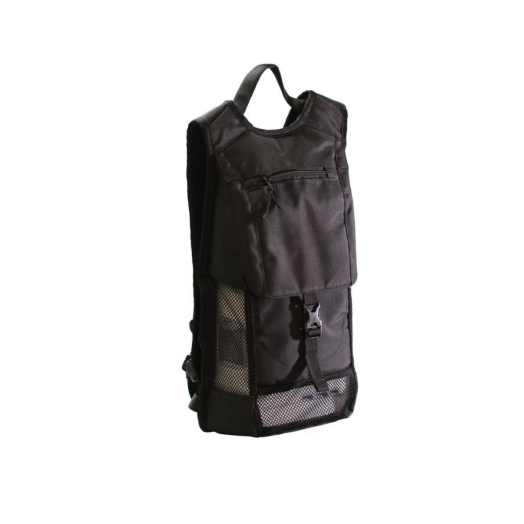 The OxyGo Next Slim Backpack features a top handle, front zipper pocket, buckle closure, and mesh side pockets—ideal for essentials or your OxyGo Next portable oxygen concentrator. Shown on a white background.