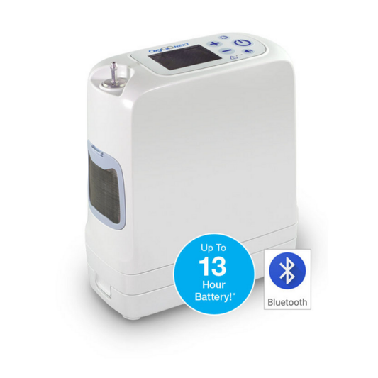 The OxyGo NEXT Ultralite Portable Oxygen Concentrator is compact, lightweight, and features a digital display with top buttons, up to 13-hour battery life, and Bluetooth connectivity for convenience.