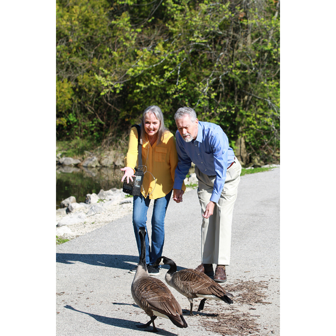 An older couple enjoys a walk in nature, smiling and gesturing at two Canada geese, thanks to their OxyGo NEXT Ultralite Portable Oxygen Concentrator. Sun filters through trees as they stroll along a leafy path surrounded by greenery.