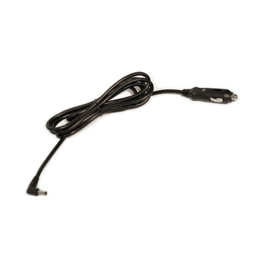 The OxyGo NEXT Charger for Portable Oxygen Concentrators features a black DC car charger cable with a cigarette lighter adapter and right-angle barrel connector, shown coiled on a white background.