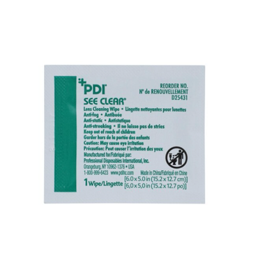 A single PDI See Clear® Lens Cleaning Wipe, an optical equipment cleaner with product details, instructions, and caution warnings in English and French on a white background.
