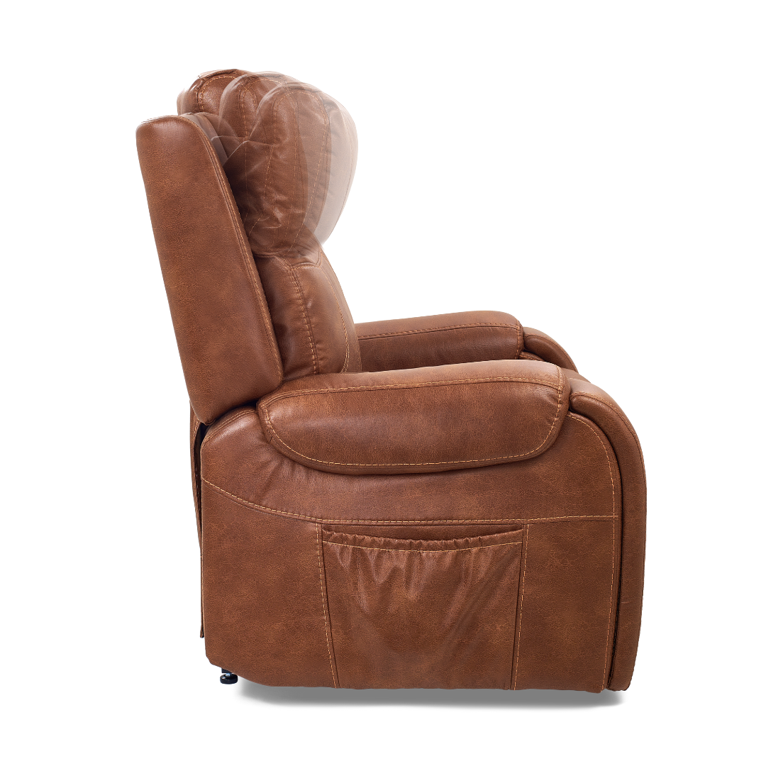 Side view of the Golden Tech PR448 Titan Recliner with Lift Assist & MaxiComfort® - Medium in brown leather finish, featuring an upright backrest, cushioned armrests, a side pocket for magazines or remotes, and a Wireless Smartphone Charger.