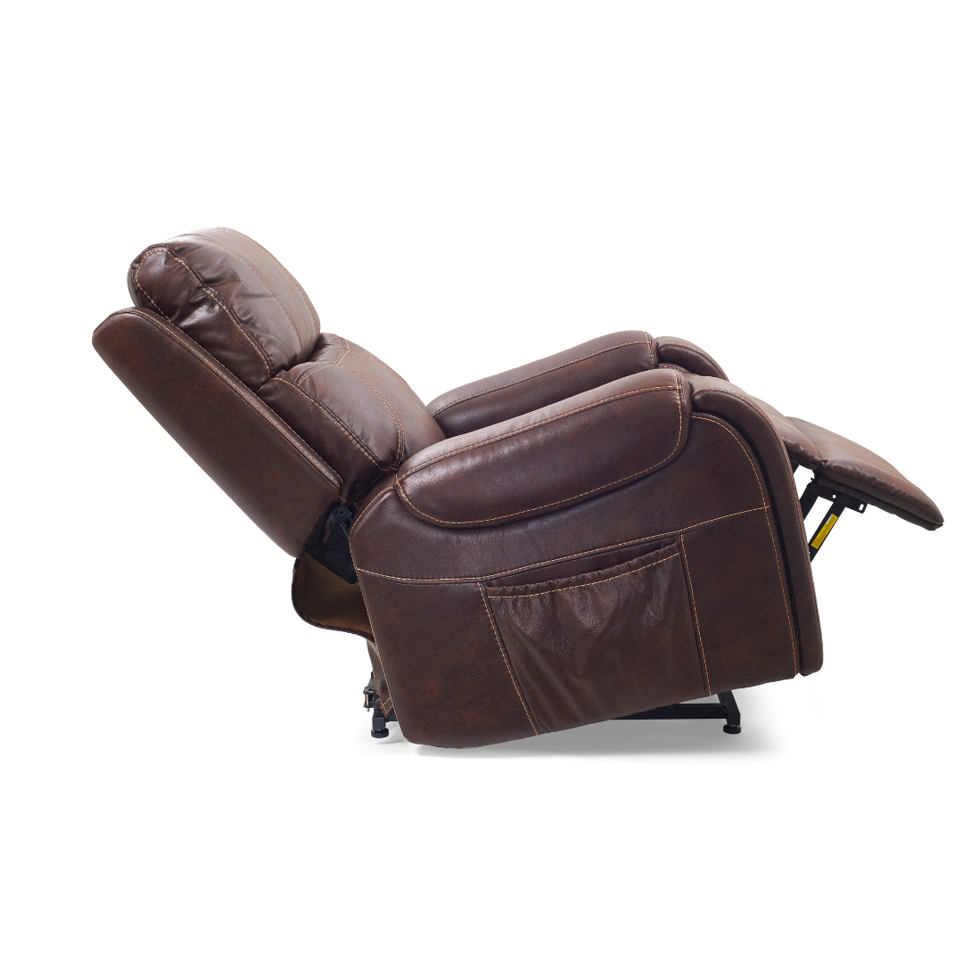 The Golden Tech PR448 Titan Recliner With Lift Assist & MaxiComfort® - Medium offers luxury with its 4-Zone Comfort Zone Positioning System, side pocket, padded armrests, cushioned back, and extended footrest. It also includes a wireless smartphone charger for added convenience.