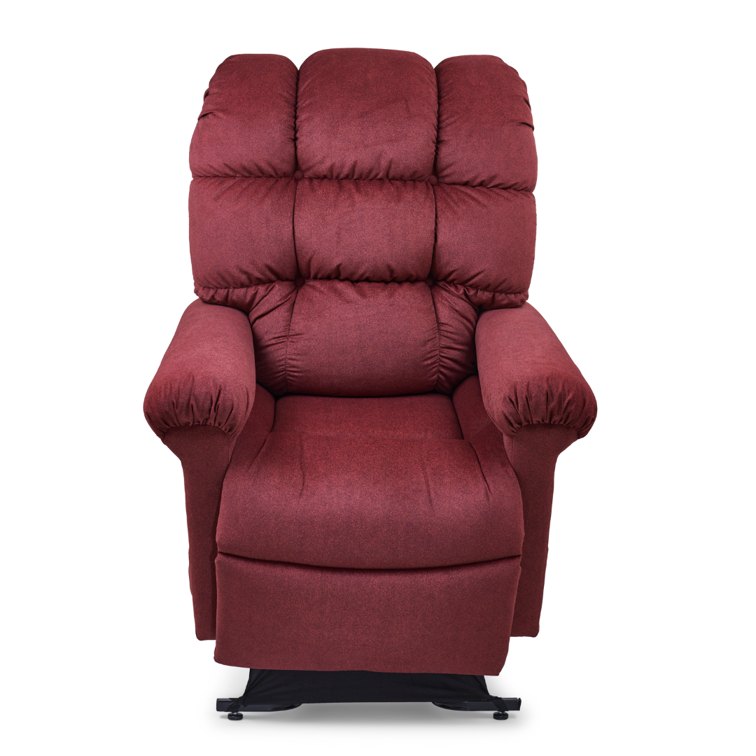 The Golden Tech PR510 MaxiComfort Cloud Recliner with Lift Assist - Extra Wide, in red, features plush cushioning, soft textured upholstery, and Zero Gravity+ positioning for enhanced relaxation. With a cushioned backrest and armrests, it offers comfort and an inviting look against a white background.
